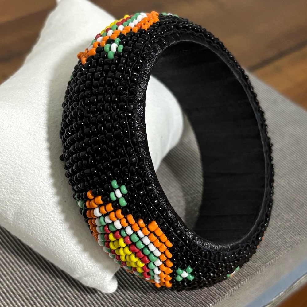 Beaded Cuff Bangle Bracelet Multicolor Black Oran… - image 3